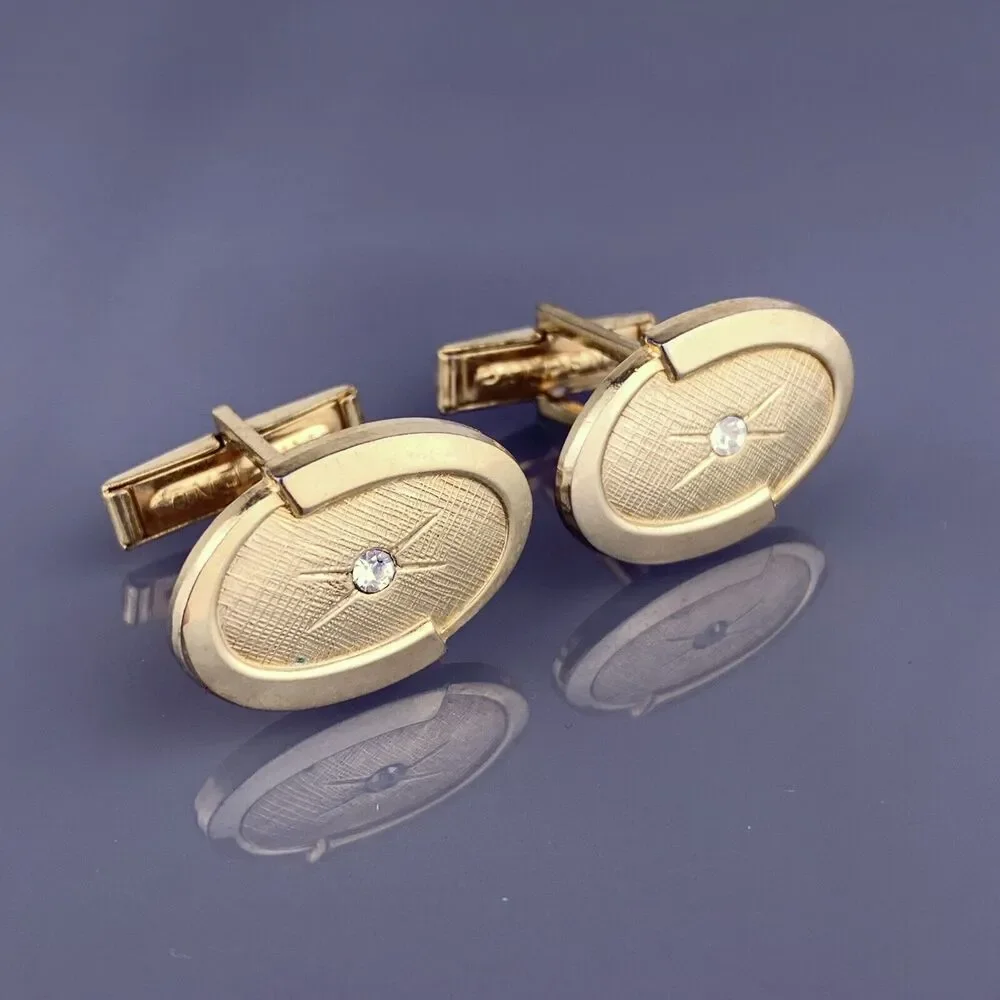 Rhinestone Star Oval Gold Plated Cufflinks Mid Century Simple Vintage